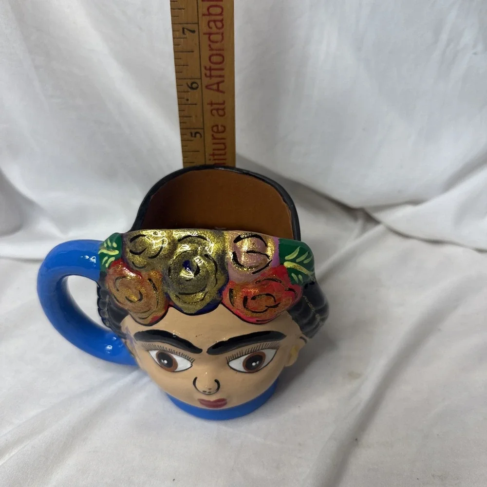 Frida Kahlo Hand Painted 3D Figural Pottery Coffee Mug Souvenir Mexico Glitter